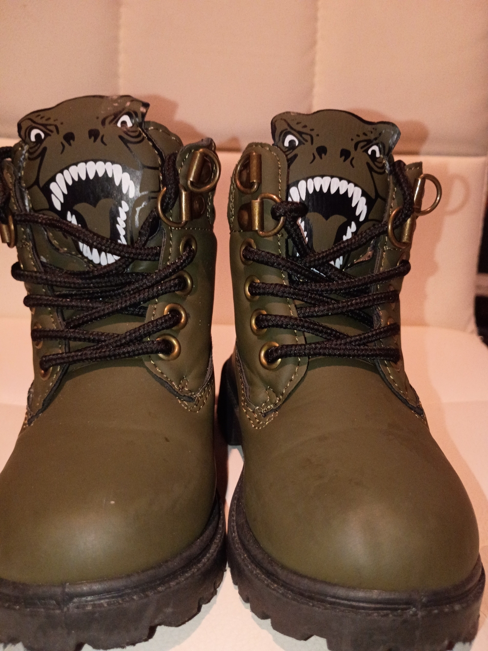 Kids Olive Green Dinosaur Lace-Up Boots